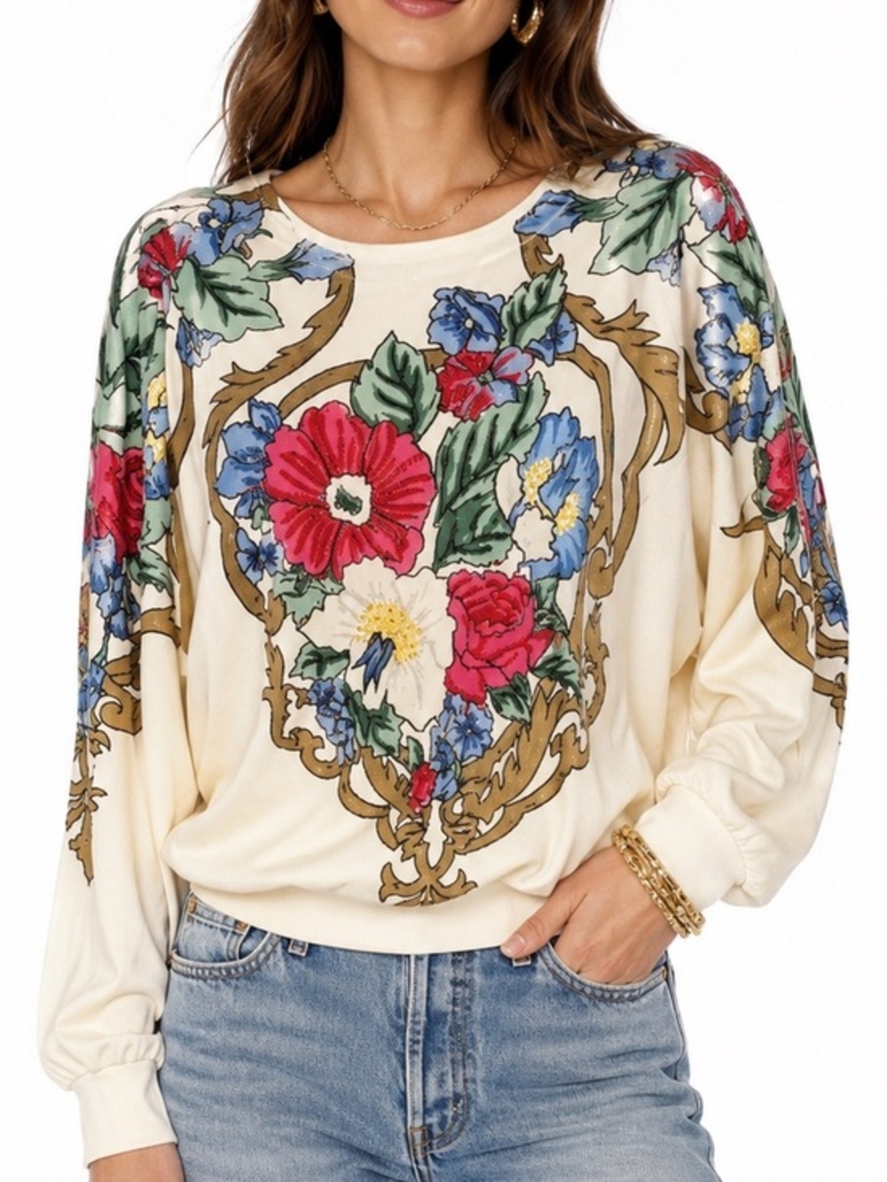 Vintage 80s P.A. International Beaded Floral Sweatshirt Blouse Cream Baroque Top